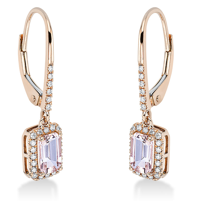 Ohrschmuck 18 kt RG, 52 Brill. 0,15 ct, TW-si, 2 Morganit 1,01 ct pink