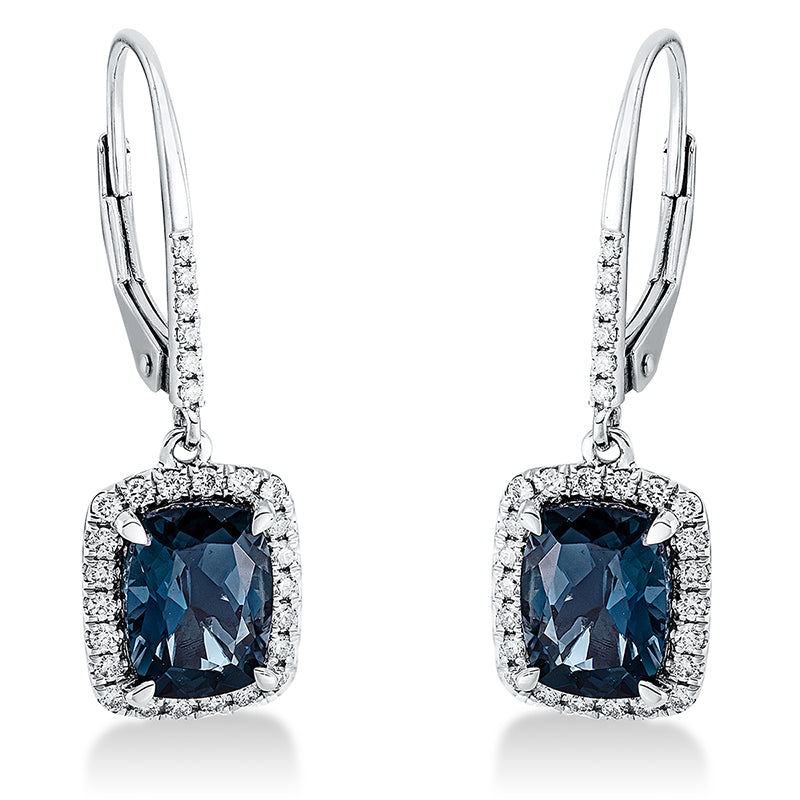 Ohrschmuck 18 kt WG, 80 Brill. 0,39 ct, TW-si, 2 Topase 3,22 ct Lond. blue