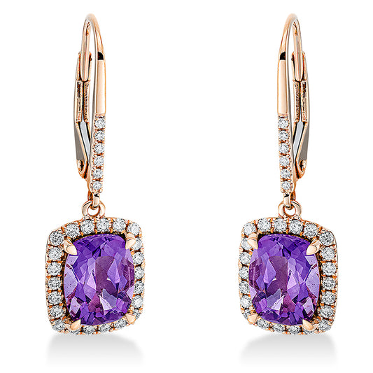 Ohrschmuck 18 kt RG, 80 Brill. 0,39 ct, TW-si, 2 Amethyste 2,47 ct lila