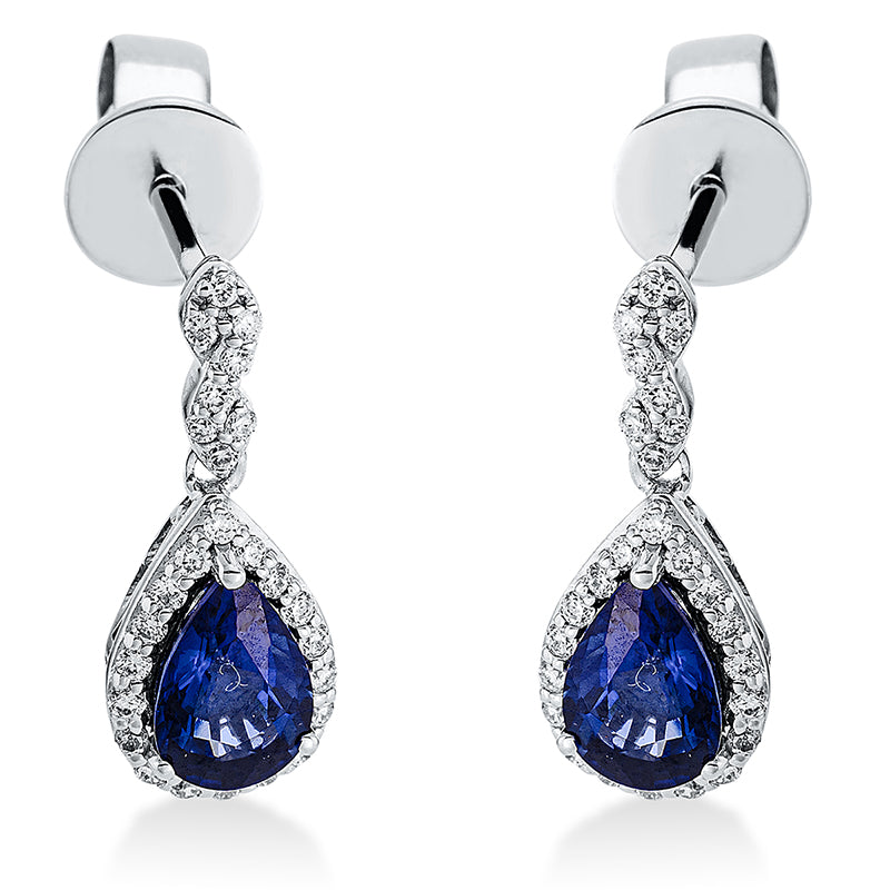 Ohrschmuck 18 kt WG, 52 Brill. 0,15 ct, TW-si, 2 Saphire 1,03 ct blau