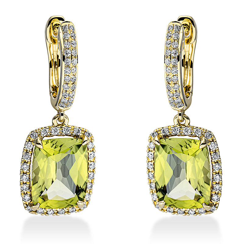 Ohrschmuck 18 kt GG, 92 Brill. 0,33 ct, TW-si, 2 Peridot 4,50 ct