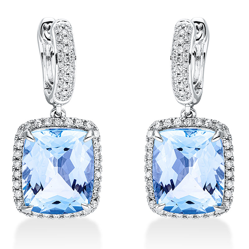 Ohrschmuck 18 kt WG, 116 Brill. 0,53 ct, TW-si, 2 Topase 10,10 ct sky blue