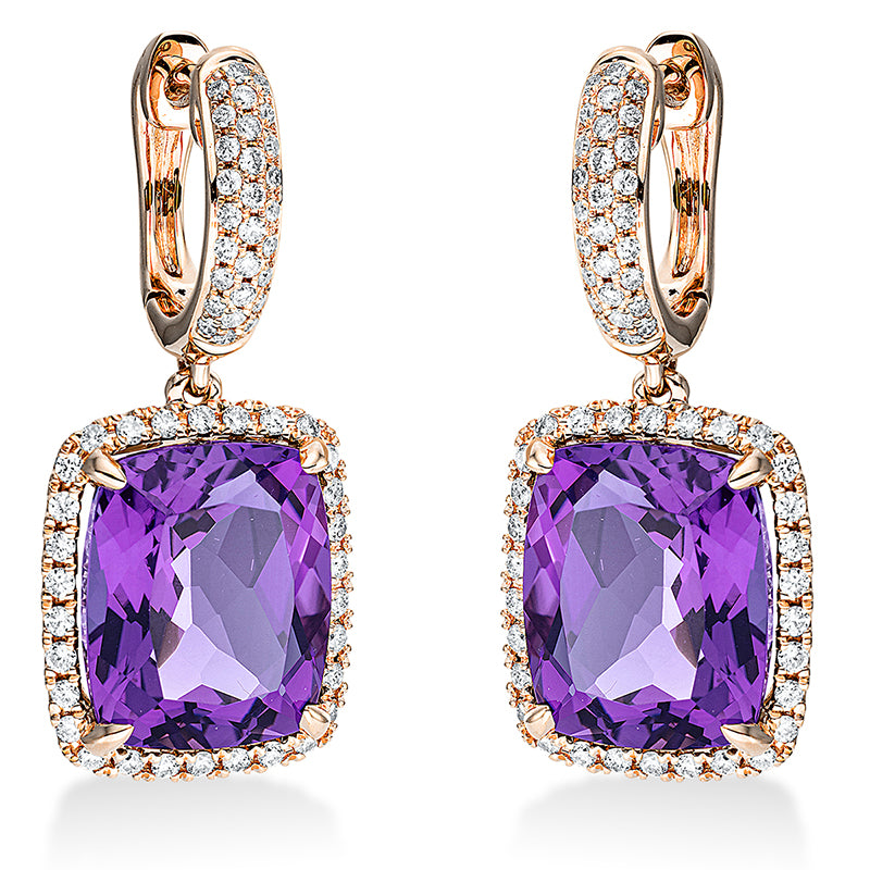 Ohrschmuck 18 kt RG, 116 Brill. 0,51 ct, TW-si, 2 Amethyste 7,90 ct lila