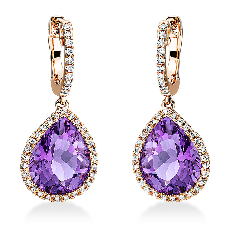 Ohrschmuck 18 kt RG, 76 Brill. 0,29 ct, TW-si, 2 Amethyste 6,40 ct lila
