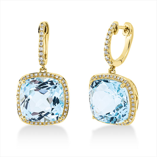 Ohrschmuck 18 kt GG, 98 Brill. 0,35 ct, TW-si, 2 Topase 16,30 ct sky blue