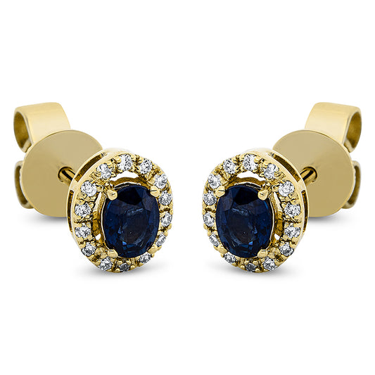 Ohrstecker 18 kt GG, 28 Brill. 0,08 ct, TW-pi, 2 Saphire 0,46 ct blau