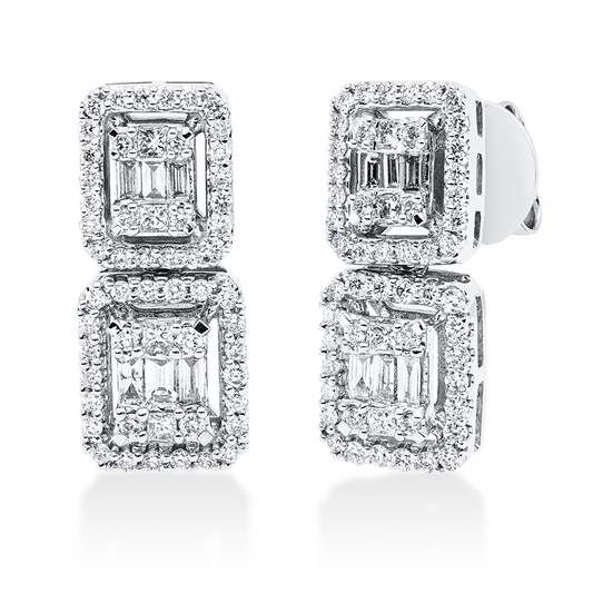 Ohrstecker 18 kt WG, 12 Bag. 0,22 ct, TW-si, 8 Princ. 0,12 ct, TW-si, 104 Brill. 0,46 ct, TW-si