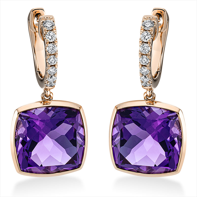 Ohrschmuck 18 kt RG, 14 Brill. 0,21 ct, TW-si, 2 Amethyste 8,60 ct lila