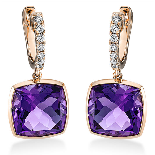 Ohrschmuck 18 kt RG, 14 Brill. 0,21 ct, TW-si, 2 Amethyste 8,60 ct lila