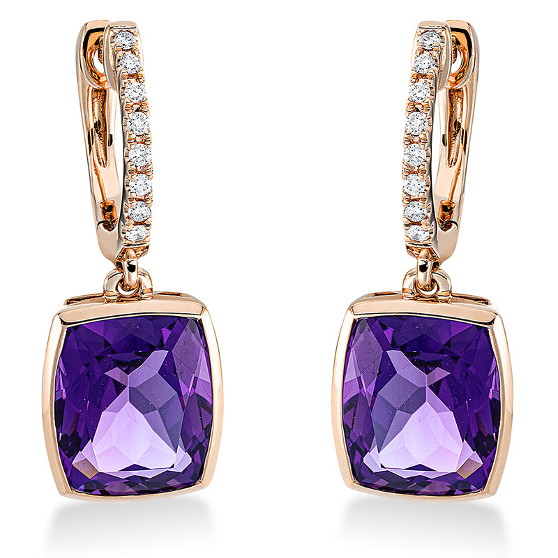 Ohrschmuck 18 kt RG, 16 Brill. 0,10 ct, TW-si, 2 Amethyste 6,50 ct lila