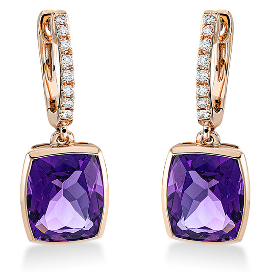 Ohrschmuck 18 kt RG, 16 Brill. 0,10 ct, TW-si, 2 Amethyste 6,50 ct lila