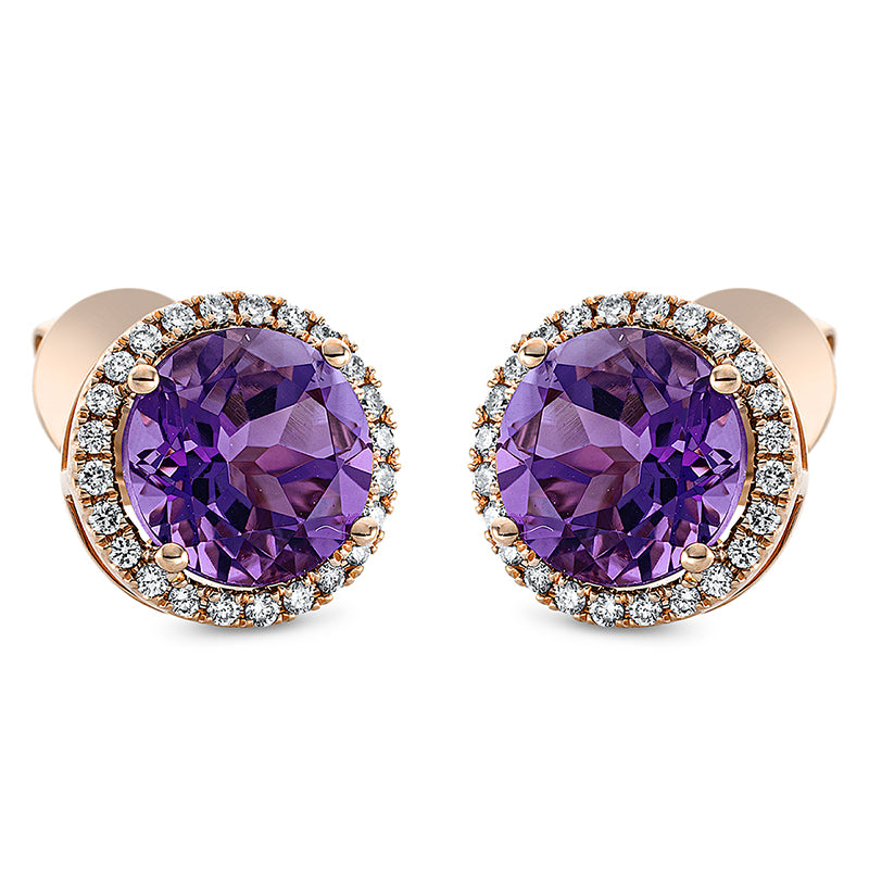 Ohrstecker 18 kt RG, 48 Brill. 0,26 ct, TW-si, 2 Amethyste 4,00 ct lila