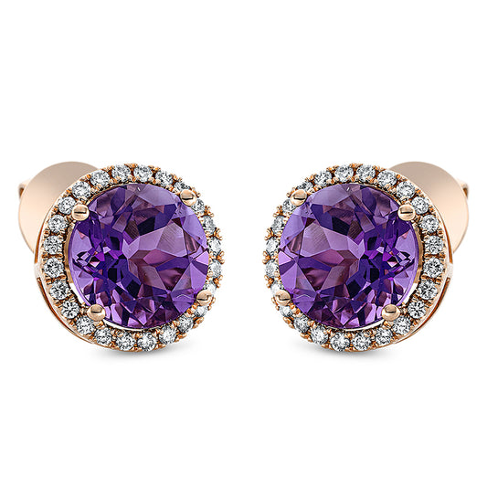 Ohrstecker 18 kt RG, 48 Brill. 0,26 ct, TW-si, 2 Amethyste 4,00 ct lila