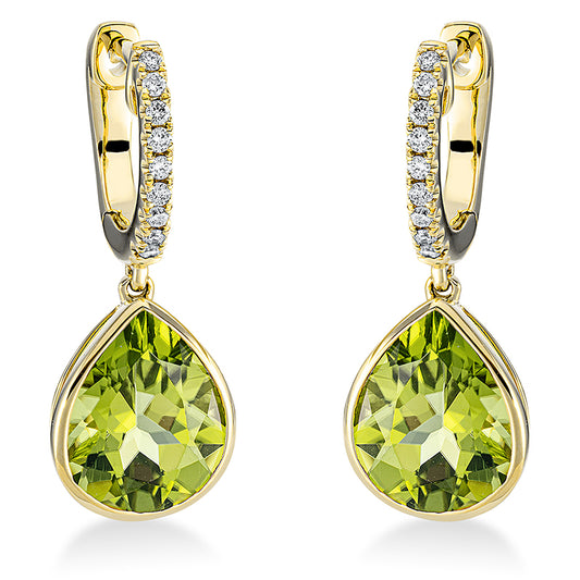 Ohrschmuck 18 kt GG, 18 Brill. 0,12 ct, TW-si, 2 Peridot 4,90 ct grün