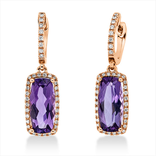 Ohrschmuck 18 kt RG, 76 Brill. 0,36 ct, TW-si, 2 Amethyste 4,80 ct lila