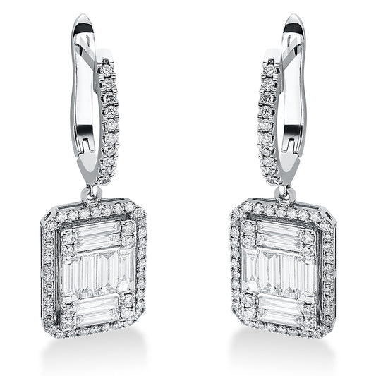 Ohrschmuck 14 kt WG, 16 Brill. 0,24 ct, F-vsi, 8 Bag. 0,64 ct, F-vsi, 8 Bag. 1,06 ct, F-vsi, 92 Brill. 0,63 ct, F-vsi