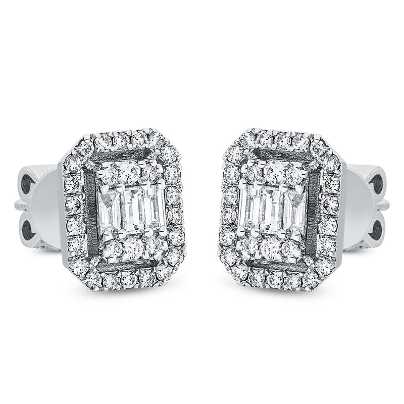 Ohrstecker 14 kt WG, 4 Brill. 0,08 ct, F-vsi, 6 Bag. 0,23 ct, F-vsi, 52 Brill. 0,38 ct, F-si