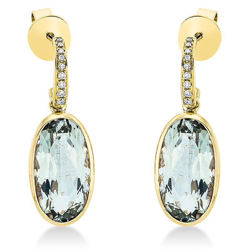 Ohrschmuck 18 kt GG, 18 Brill. 0,09 ct, TW-si, 2 Amethyste 8,50 ct grün