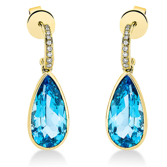 Ohrschmuck 18 kt GG, 18 Brill. 0,09 ct, TW-si, 2 Topase 10,90 ct blau