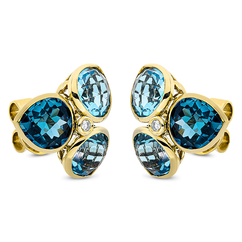Ohrstecker 18 kt GG, 2 Brill. 0,03 ct, TW-si, 2 Topase 2,00 ct Lond. blue, 4 Topase 3,90 ct blau