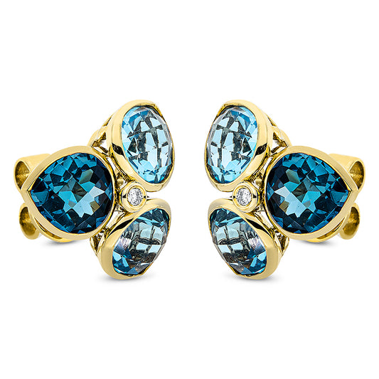Ohrstecker 18 kt GG, 2 Brill. 0,03 ct, TW-si, 2 Topase 2,00 ct Lond. blue, 4 Topase 3,90 ct blau