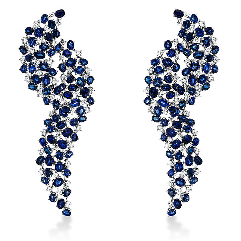 Ohrschmuck 18 kt WG, 94 Brill. 4,69 ct, TW-vsi/si, 138 Saphire 42,67 ct blau