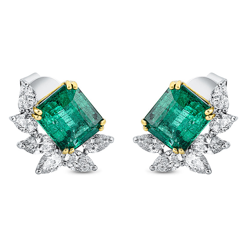 Ohrstecker 18 kt WG+GG, 12 Nav. 3,08 ct, TW-vsi, 2 Smaragde 8,80 ct grün