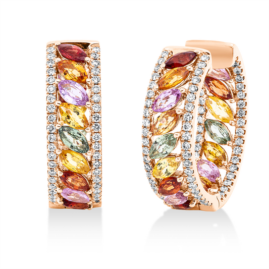 Creolen 18 kt RG, 160 Brill. 0,99 ct, TW-si, 32 Saphire 5,61 ct fancy