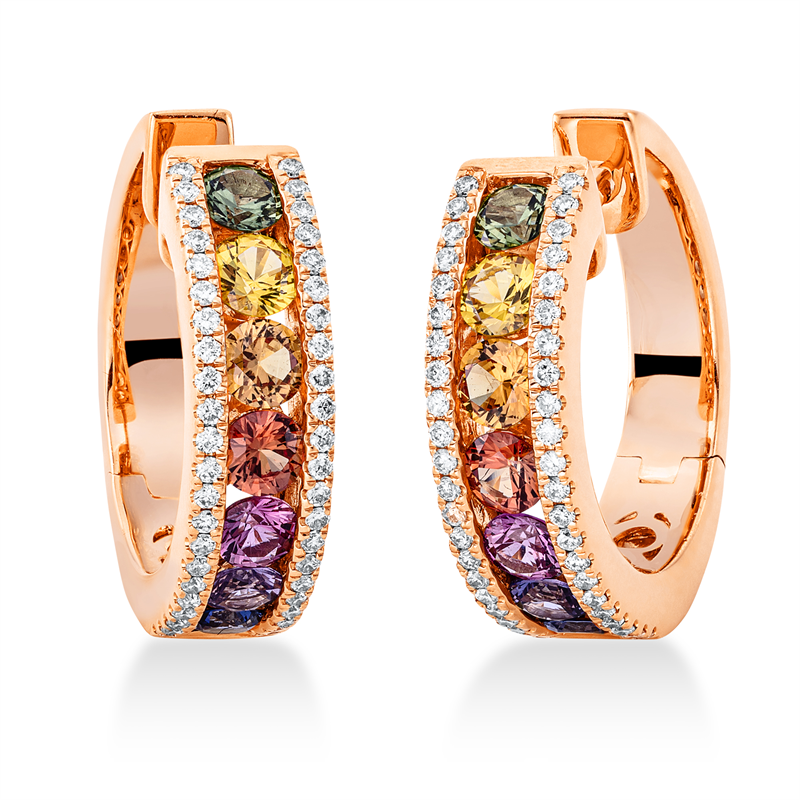 Creolen 18 kt RG, 88 Brill. 0,37 ct, TW-si, 14 Saphire 2,08 ct multicolor