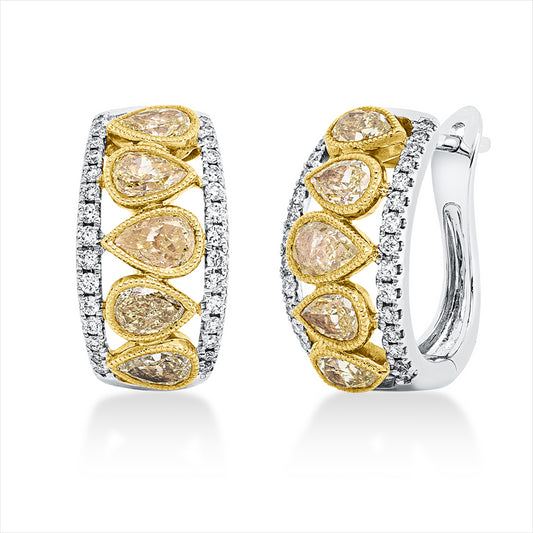 Creolen 18 kt WG+GG, 60 Brill. 0,26 ct, TW-si, 10 Tropfen 1,80 ct, gelb