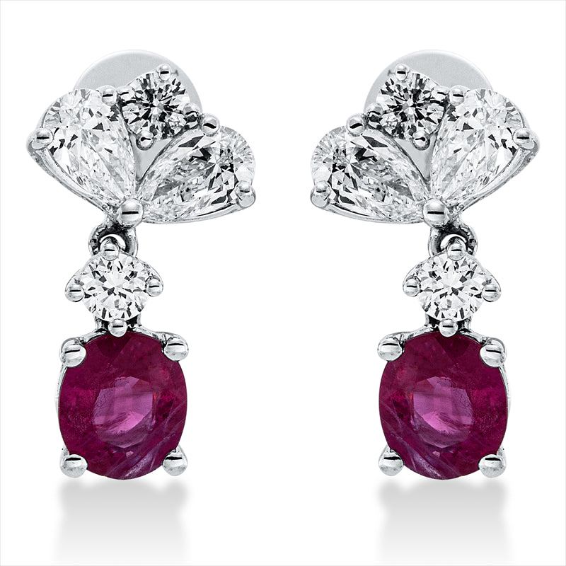 Ohrschmuck 14 kt WG, 4 Tropfen 0,74 ct, TW-vsi, 4 Brill. 0,28 ct, TW-vsi, 2 Rubine 1,42 ct rot