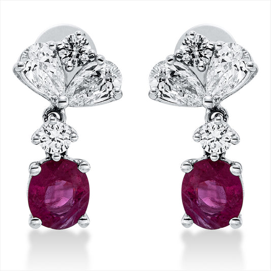 Ohrschmuck 14 kt WG, 4 Tropfen 0,74 ct, TW-vsi, 4 Brill. 0,28 ct, TW-vsi, 2 Rubine 1,42 ct rot