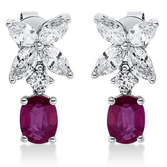 Ohrschmuck 14 kt WG, 8 Nav. 1,63 ct, TW-vsi, 2 Brill. 0,19 ct, TW-vsi, 2 Rubine 2,30 ct rot