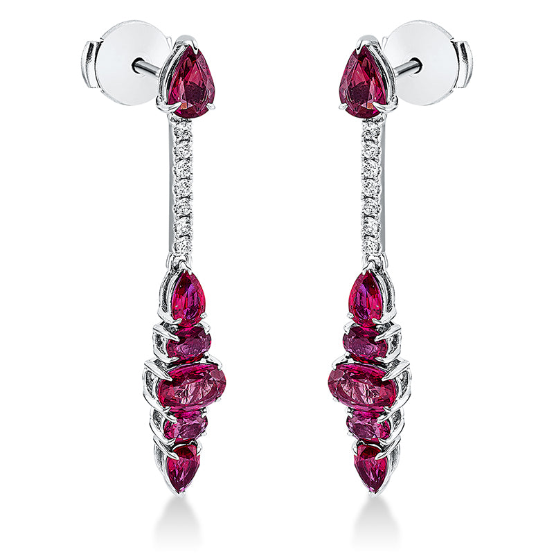 Ohrschmuck 18 kt WG, 14 Brill. 0,19 ct, W-vsi, 6 Rubine 1,81 ct rot, 6 Rubine 2,34 ct rot