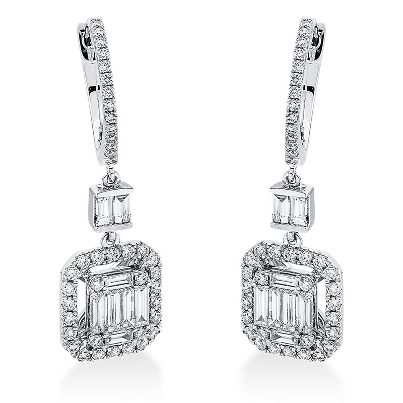 Ohrschmuck 18 kt WG, 2 Brill. 0,05 ct, TW-si, 16 Bag. 0,61 ct, TW-si, 78 Brill. 0,46 ct, TW-si