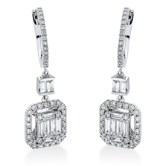 Ohrschmuck 18 kt WG, 2 Brill. 0,05 ct, TW-si, 16 Bag. 0,61 ct, TW-si, 78 Brill. 0,46 ct, TW-si