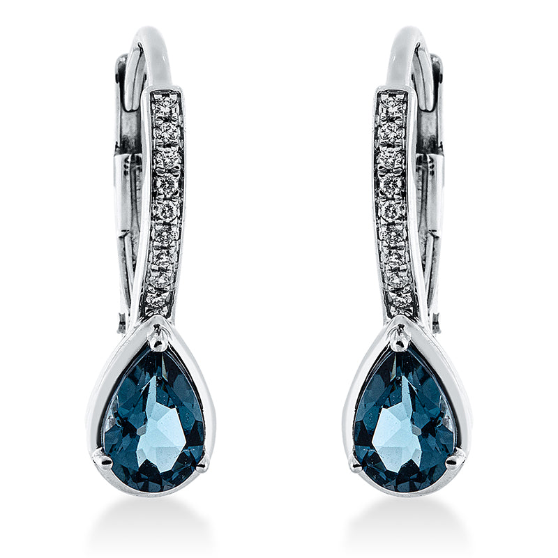 Ohrschmuck 18 kt WG, 18 Brill. 0,07 ct, TW-si, 2 Topase 1,06 ct Lond. blue