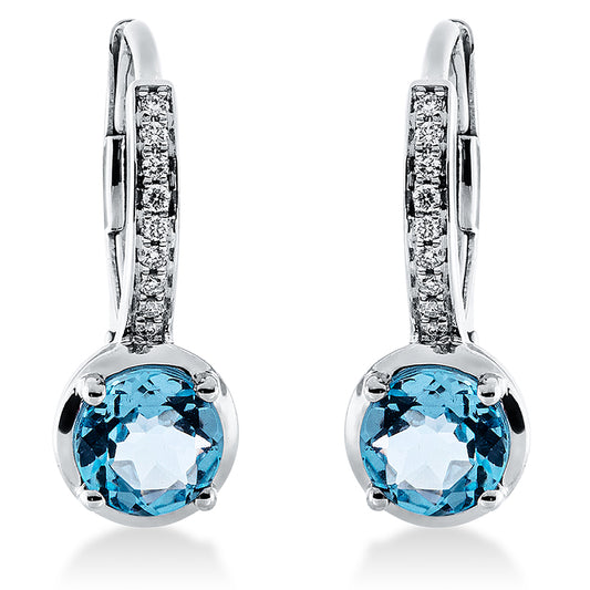 Creolen 18 kt WG, 18 Brill. 0,06 ct, TW-si, 2 Topase 1,10 ct blau