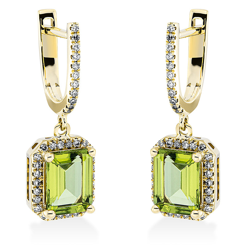 Ohrschmuck 18 kt GG, 74 Dia. 0,30 ct, TW-si, 2 Peridot 3,23 ct grün