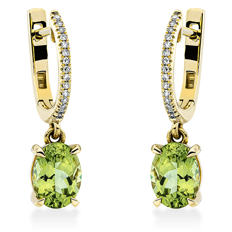 Ohrschmuck 18 kt GG, 30 Dia. 0,09 ct, TW-si, 2 Peridot 2,60 ct grün