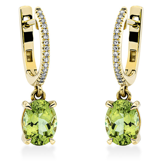 Ohrschmuck 18 kt GG, 30 Dia. 0,09 ct, TW-si, 2 Peridot 2,60 ct grün