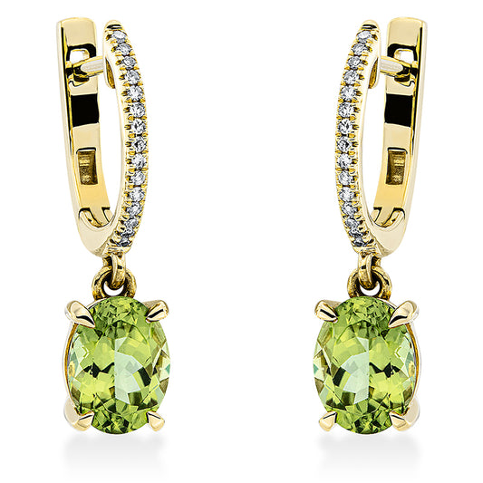Ohrschmuck 18 kt GG, 30 Dia. 0,09 ct, TW-si, 2 Peridot 2,60 ct grün