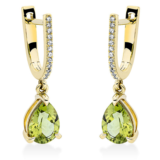 Ohrschmuck 18 kt GG, 24 Dia. 0,07 ct, TW-si, 2 Peridot 2,17 ct grün