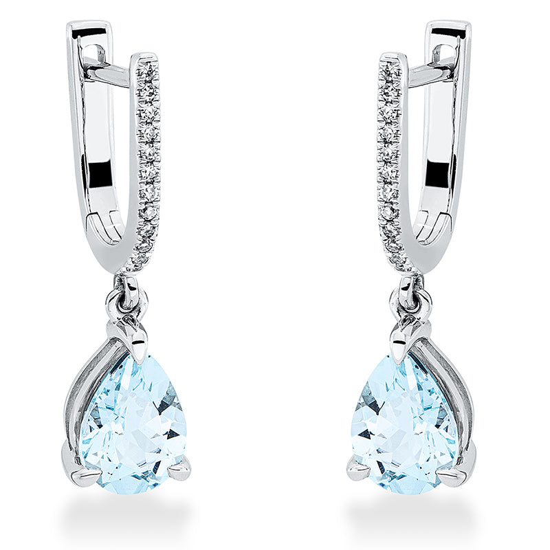 Ohrschmuck 18 kt WG, 24 Dia. 0,07 ct, TW-si, 2 Aquamarin 1,85 ct blau