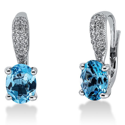 Ohrschmuck 18 kt WG, 40 Brill. 0,15 ct, TW-si, 2 Topase 3,20 ct blau