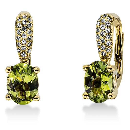 Ohrschmuck 18 kt GG, 40 Brill. 0,15 ct, TW-si, 2 Peridot 2,80 ct grün