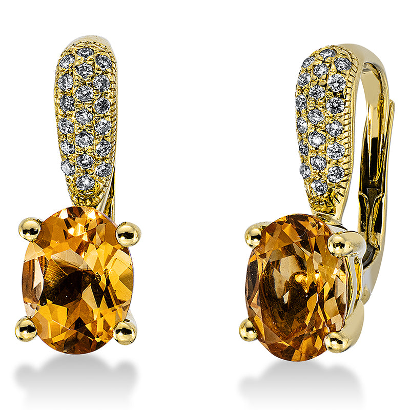 Ohrschmuck 18 kt GG, 40 Brill. 0,15 ct, TW-si, 2 Citrin 2,60 ct gelb