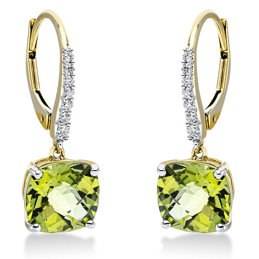 Ohrschmuck 18 kt GG, Fassung rhodiniert, 14 Brill. 0,14 ct, TW-si, 2 Peridot 4,58 ct grün