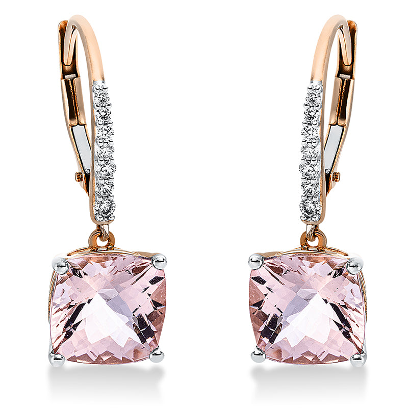 Ohrschmuck 18 kt RG, Fassung rhodiniert, 14 Brill. 0,14 ct, TW-si, 2 Morganit 4,30 ct rosa