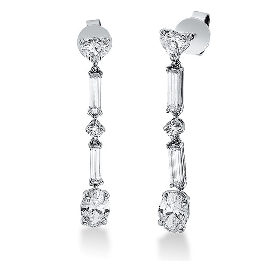 Ohrschmuck 18 kt WG, 2 Herzschl. 0,63 ct, F-vvs, 2 Oval 1,51 ct, F-vvs, 4 Bag. 0,83 ct, TW-vvs, 2 Brill. 0,16 ct, F-vsi